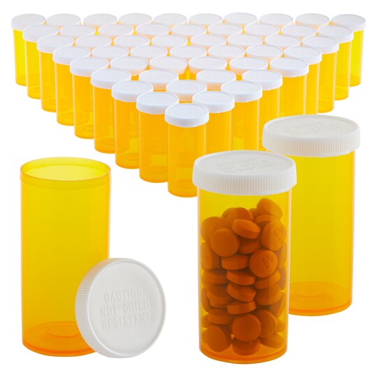 Impresa; Wellbrite Empty Pill Bottles with Caps - 13 Dram, Pack of 50, Orange - Secure Lids for Rx Bottles - Travel-Ready 13 Dram Vials - Multi-Purpose Pill Container - Plastic; Category:Storage Bottles & Jars; Image:1